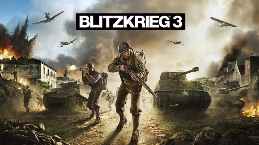 Официальная обложка Blitzkrieg 3 Солдаты и танки на поле боя с дымом и огнём