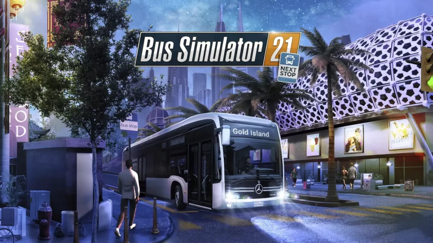 Обложка игры Bus Simulator 21 с автобусом на остановке в вечернем городе