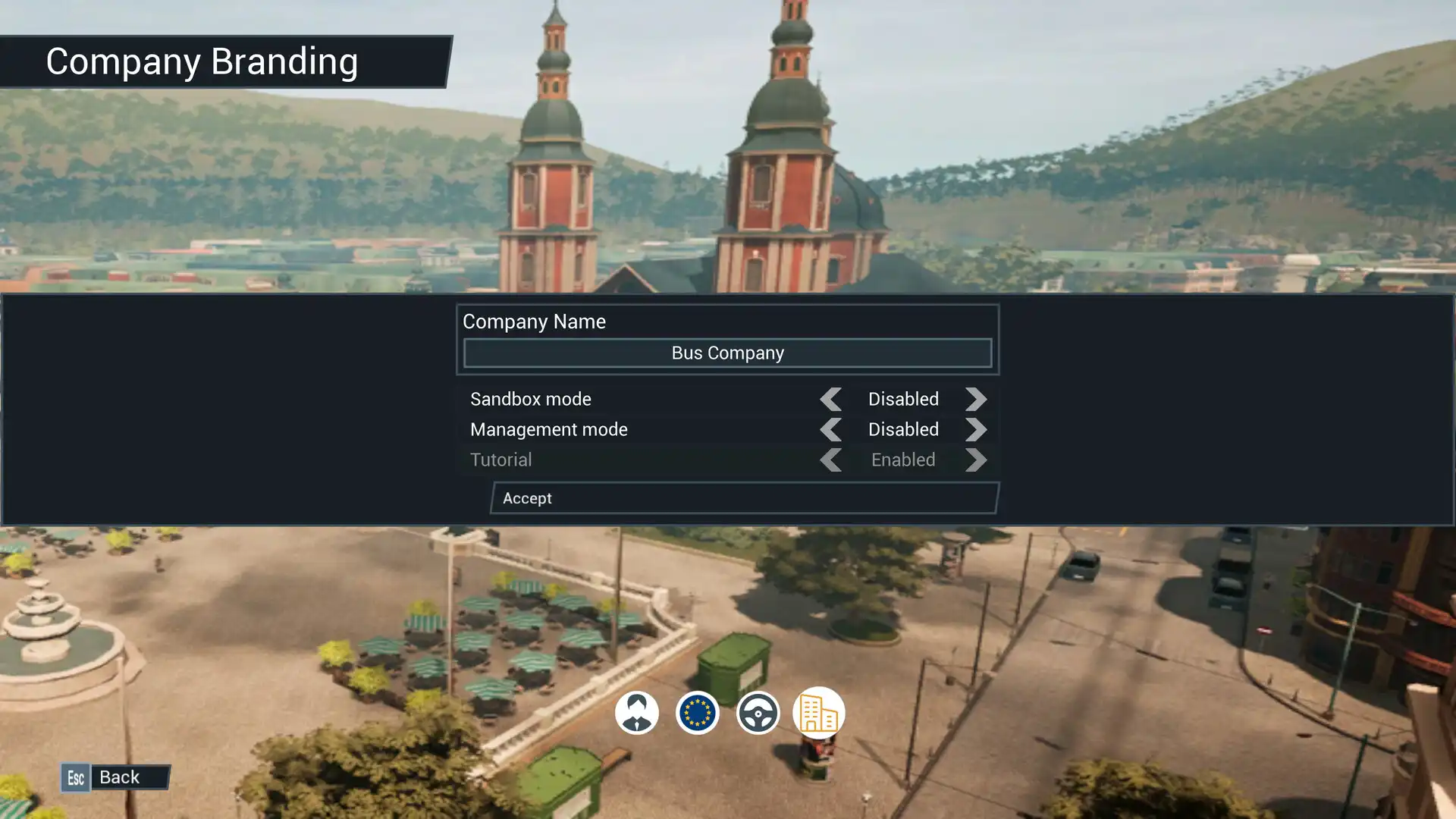Экран настройки бренда в Bus Simulator 21 с видом на город издали