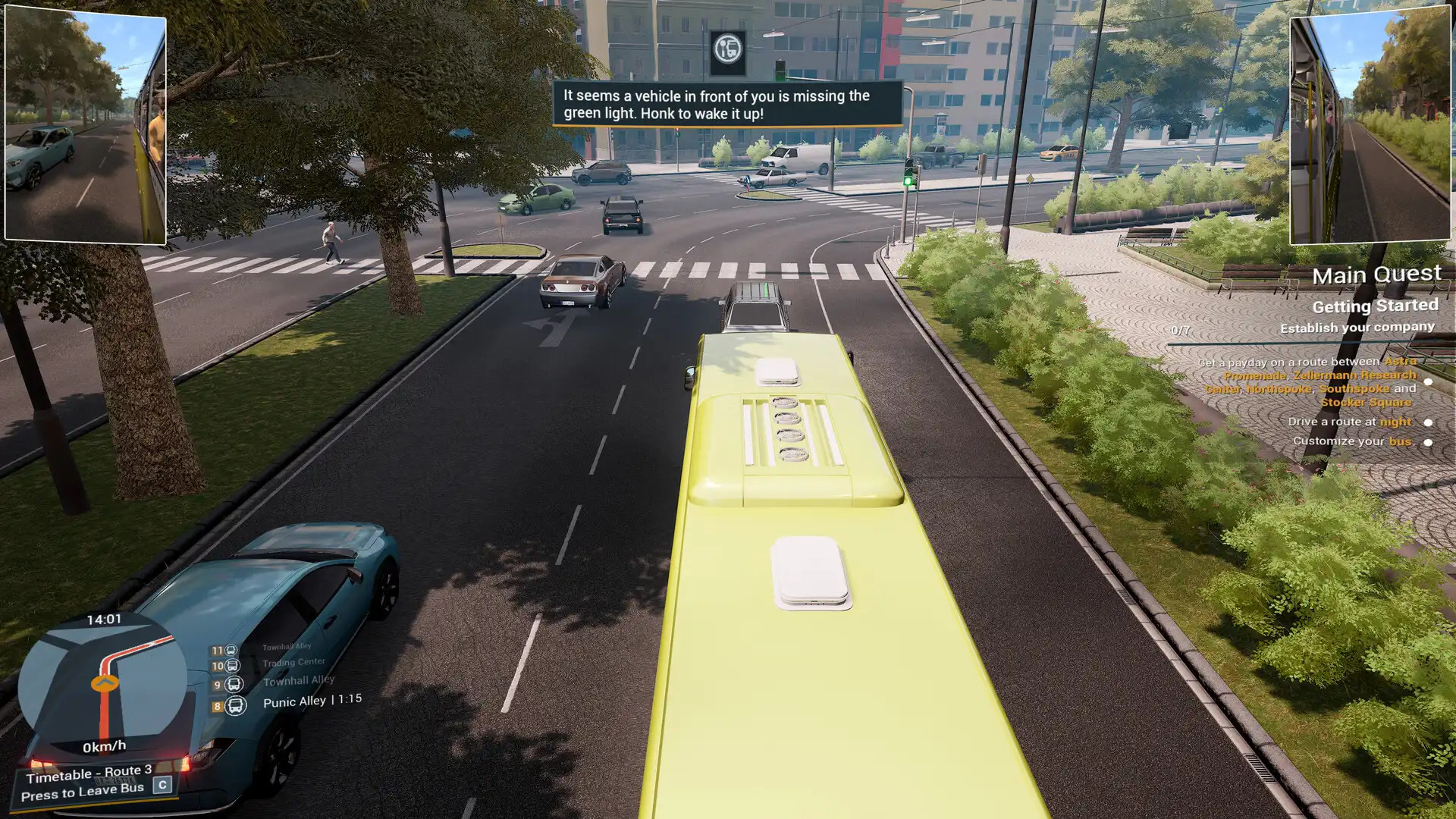 Вид из кабины автобуса в Bus Simulator 21 с отображением задания и дорожной обстановки