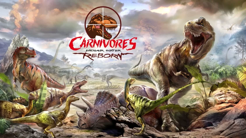Обложка игры Carnivores: Dinosaur Hunter Reborn с изображением динозавров