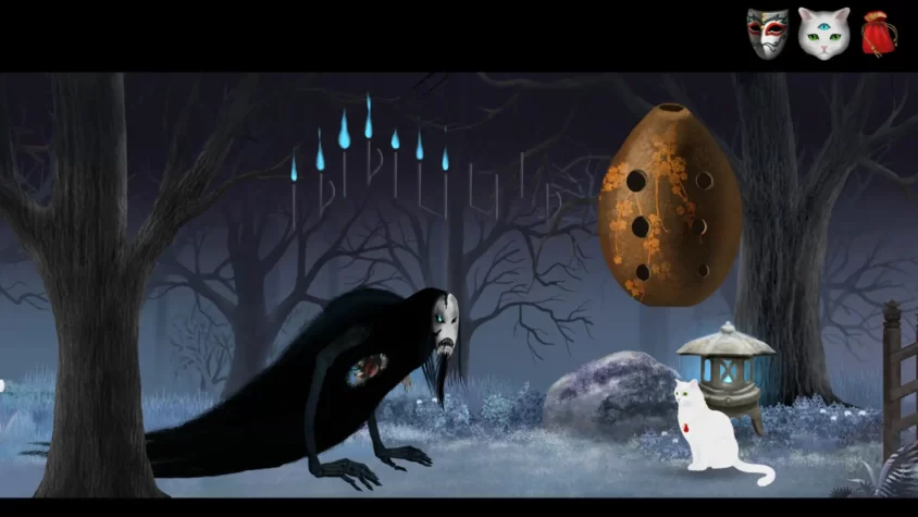 Столкновение с тьмой в Cat and Ghostly Road Белый кот сталкивается с темным существом на фоне полной луны