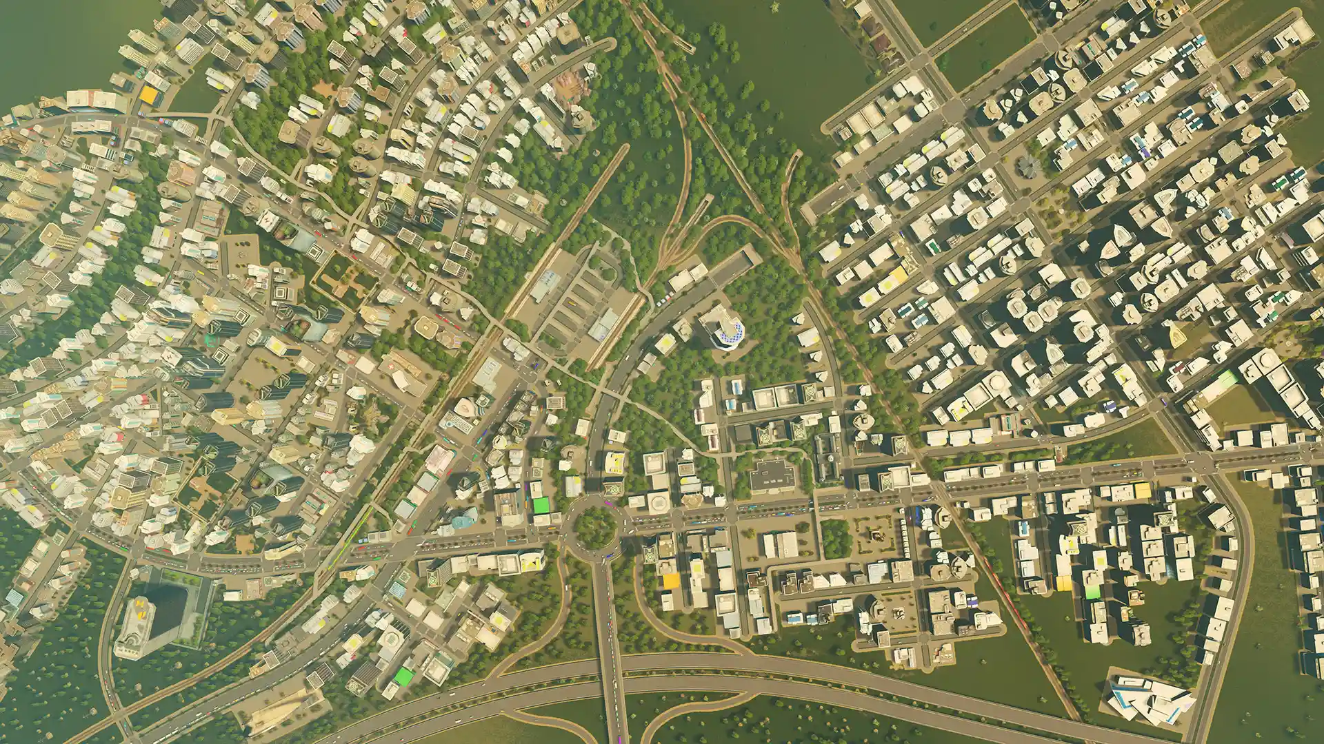 Вид сверху на хорошо спланированный городской район в игре "Cities: Skylines".