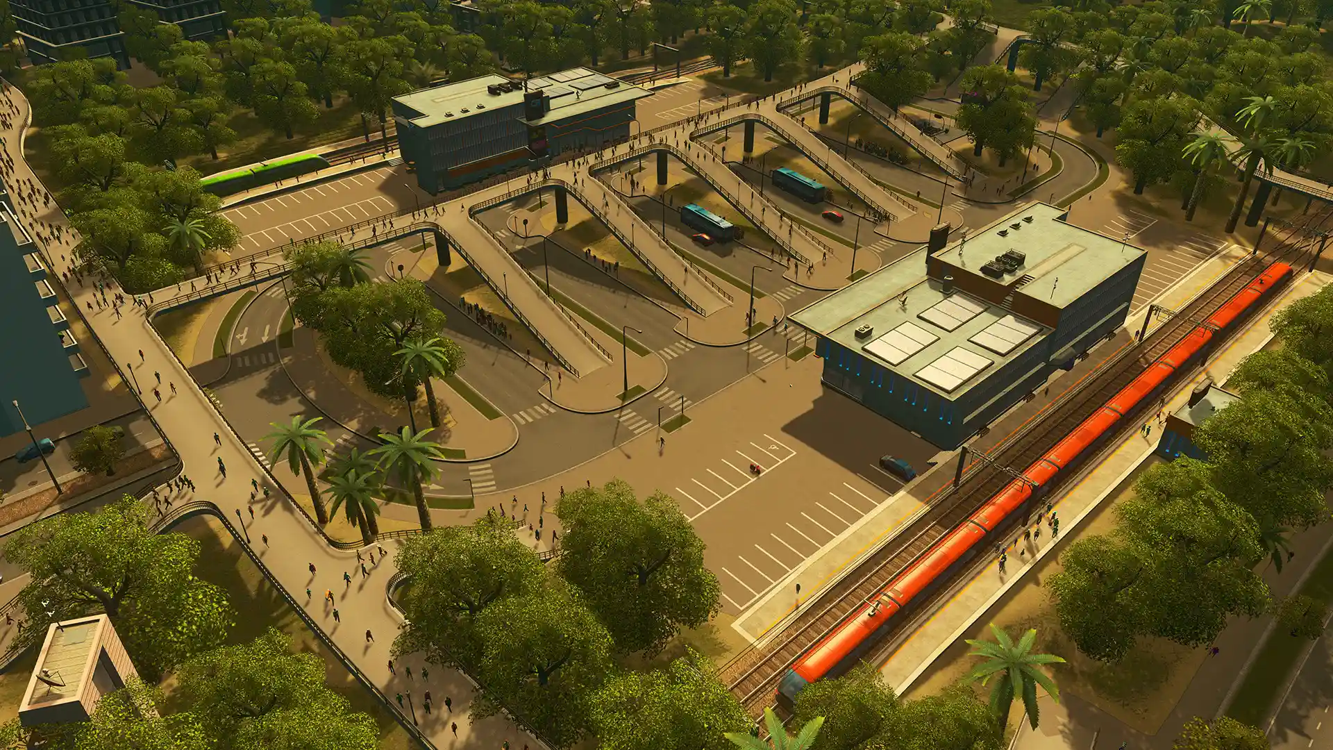 Железнодорожный и автобусный транспорт в "Cities: Skylines" с множеством людей и транспорта.