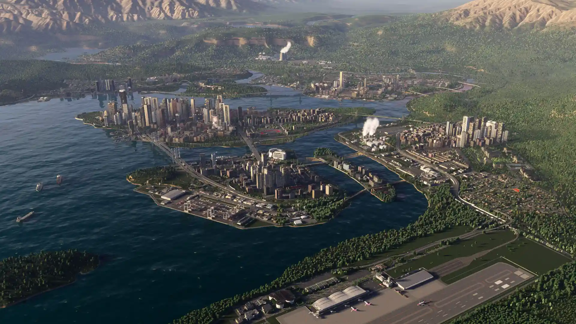 Вид сверху на транспортную развязку и участок дороги в "Cities: Skylines II" с отображением инструментов редактирования.
