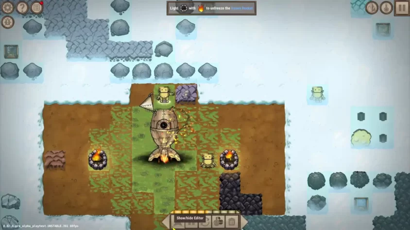 Craftomation 101 Programming & Craft game screenshot 4 Скриншот Craftomation 101, показывающий робота, разжигающего костер рядом с замороженной ракетой.