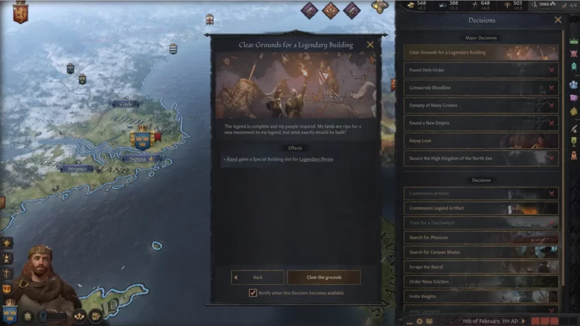 Новое Дополнение CK3: Legends of the Dead Скриншот игры Crusader Kings III с дополнением Legends of the Dead, где игрок готовится к строительству легендарного здания.