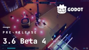 Логотип Godot 3.6 beta 4 на фоне кода и графических элементов