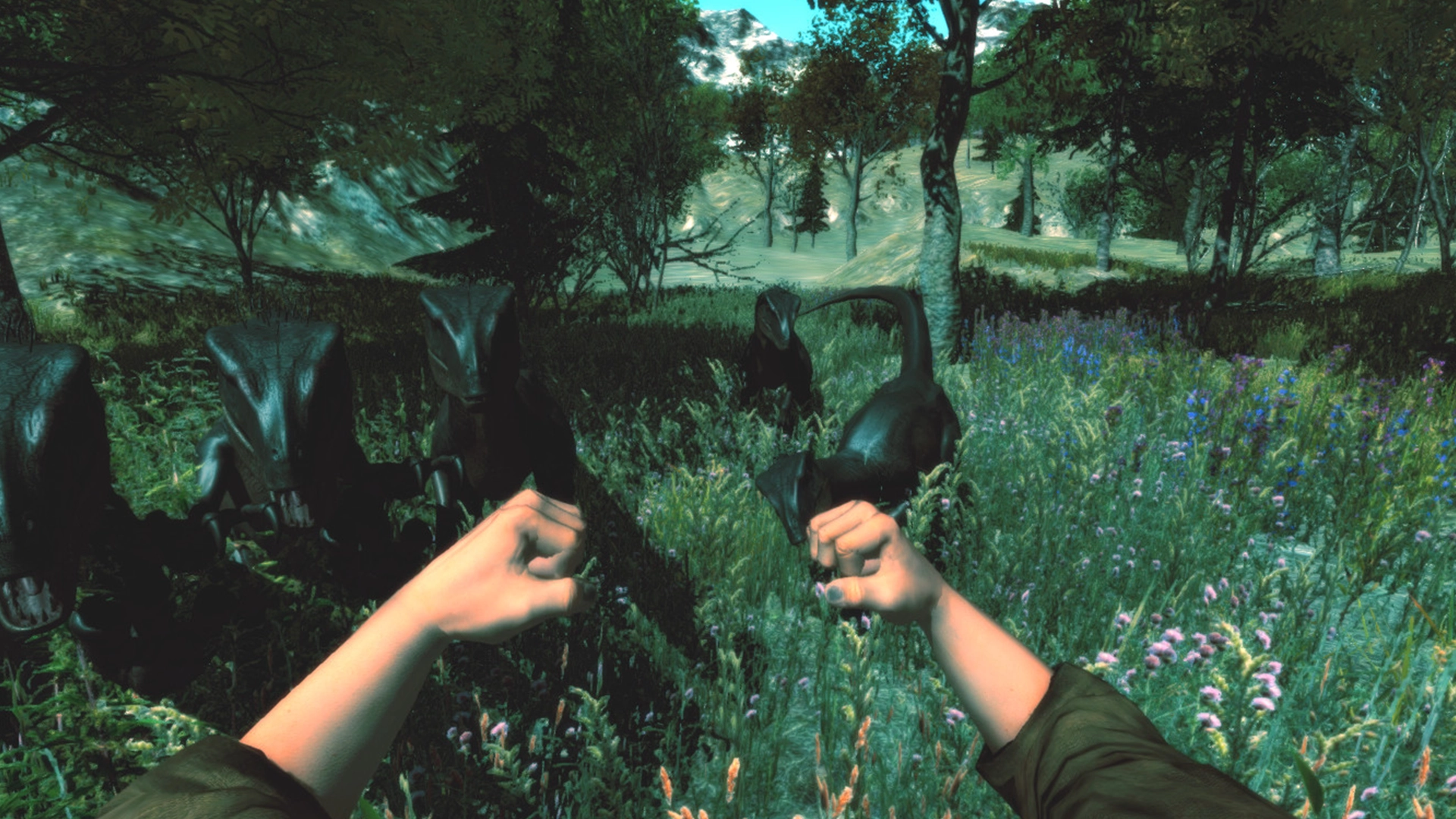 группа динозавров и персонаж с кулаками