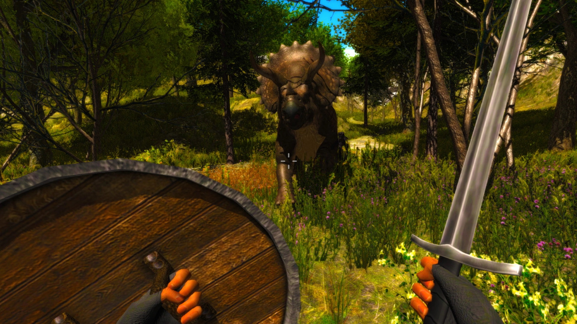 трицератопс и персонаж с мечом