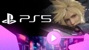 PlayStation 5 с логотипами игр Final Fantasy 7 Rebirth и The Last of Us Part 2