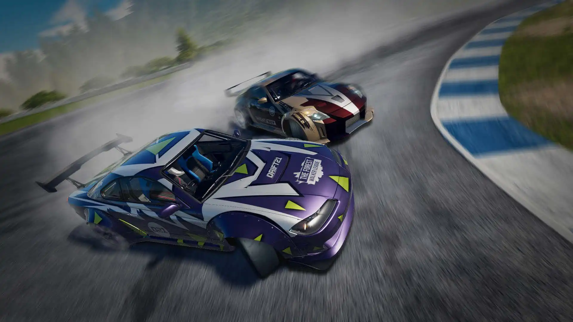 Два автомобиля в процессе дрифта на гоночной трассе в DRIFT CE