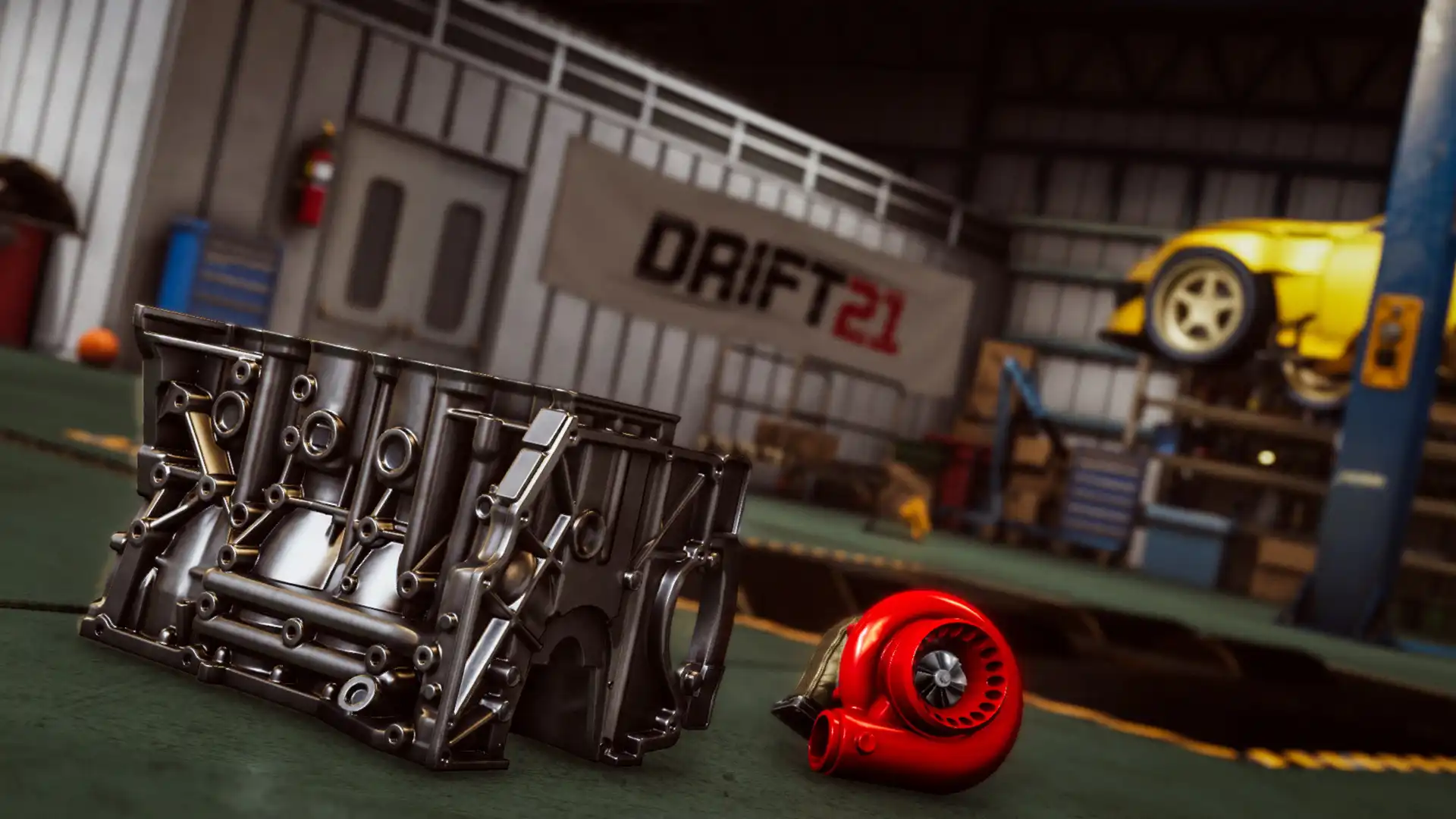 Детализированный двигатель автомобиля на переднем плане в гараже DRIFT CE