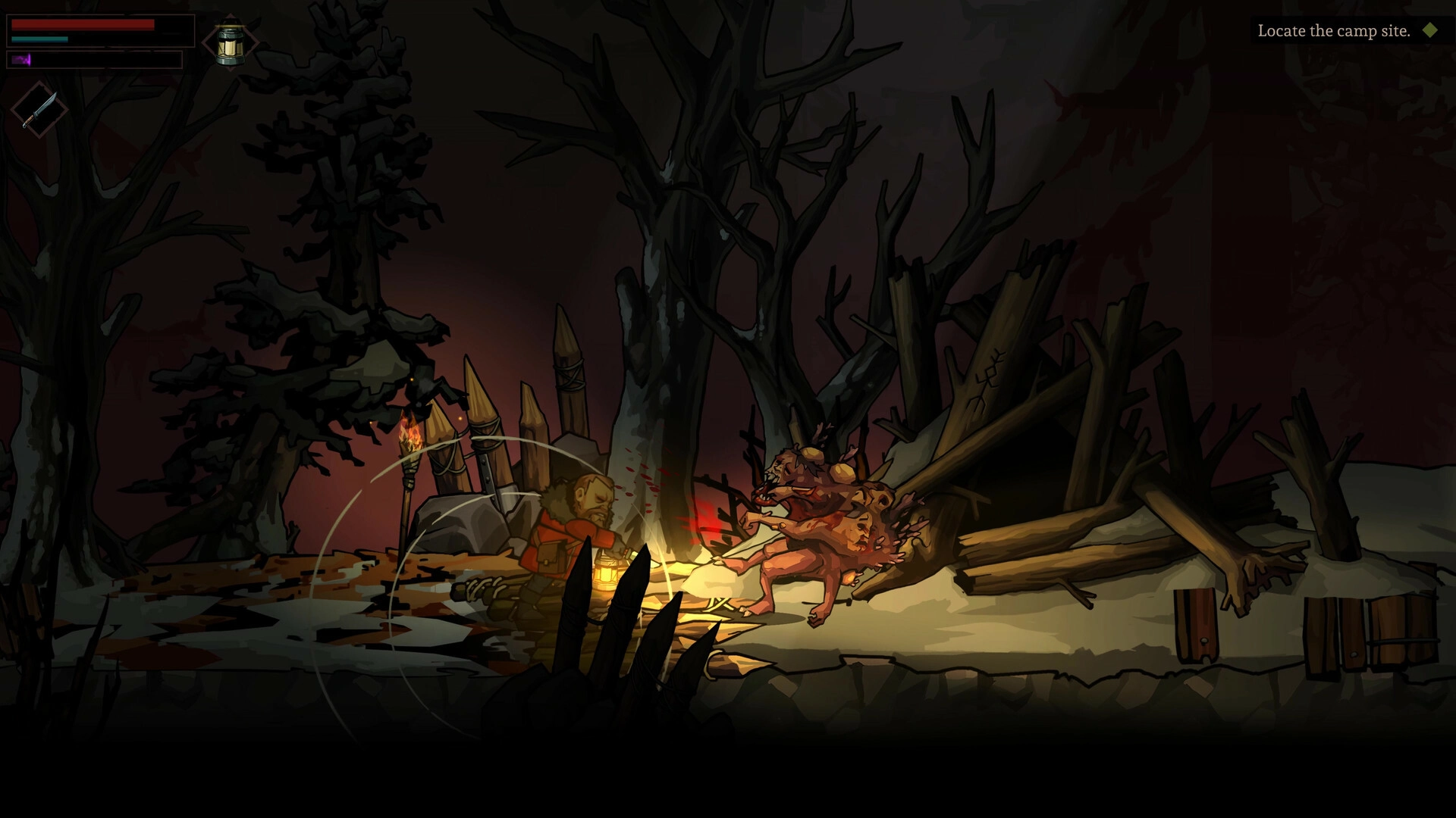 Сцена битвы с монстром в зимнем лесу в Edge of Sanity