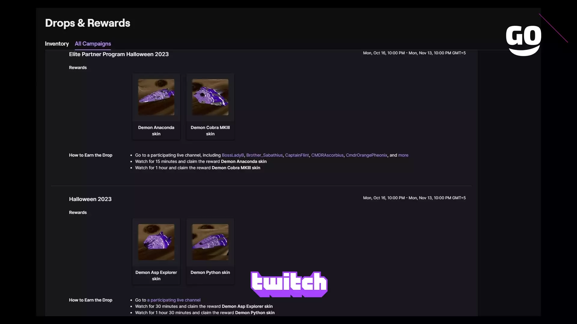 Спецпредложение Twitch Drops на Хэллоуин 2023 для Elite Dangerous