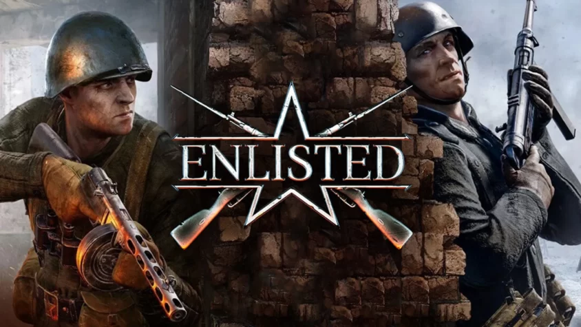 Обложка игры Enlisted Два солдата по разные стороны баррикады с оружием на фоне кирпичной стены