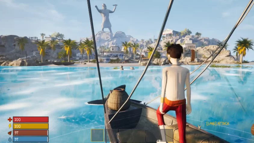 Epstein game screenshot 3 Игрок на лодке в игре Epstein, глядящий на величественную статую
