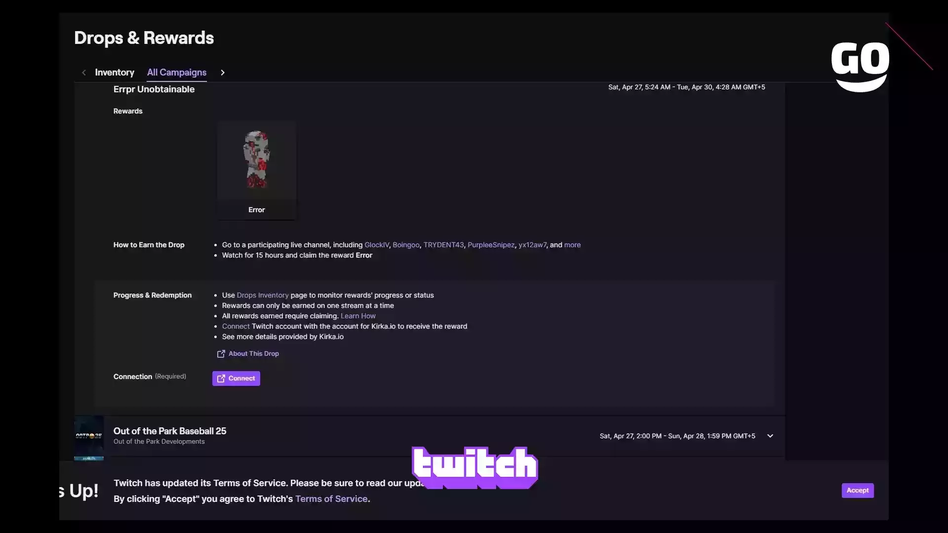 Подарки Twitch Drops Errpr Unobtainable для Kirka.io