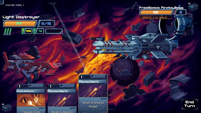 For The Warp: Космическая Битва в Пиксельной Графике Корабль Light Destroyer готов к бою против Space Pirate Boss в игре For The Warp