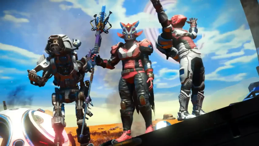 Герои No Man's Sky позируют на фоне яркого неба и космического корабля