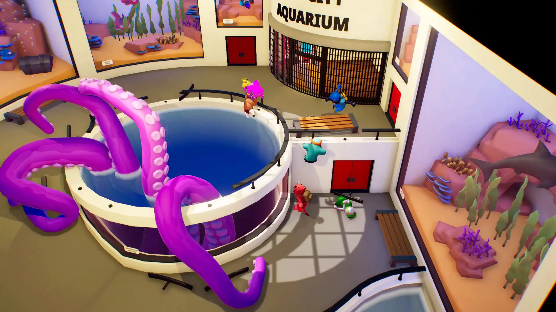 Октопус атакует игроков в аквариуме Gang Beasts.