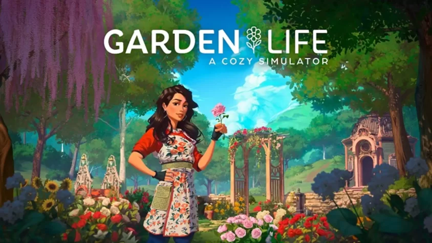 Отдых и творчество в Garden Life: A Cozy Simulator Главная героиня Garden Life держит розу на фоне цветущего сада