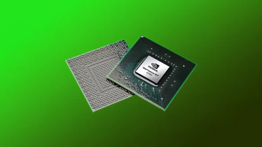 Чип NVIDIA GeForce GT 425M на зеленом фоне