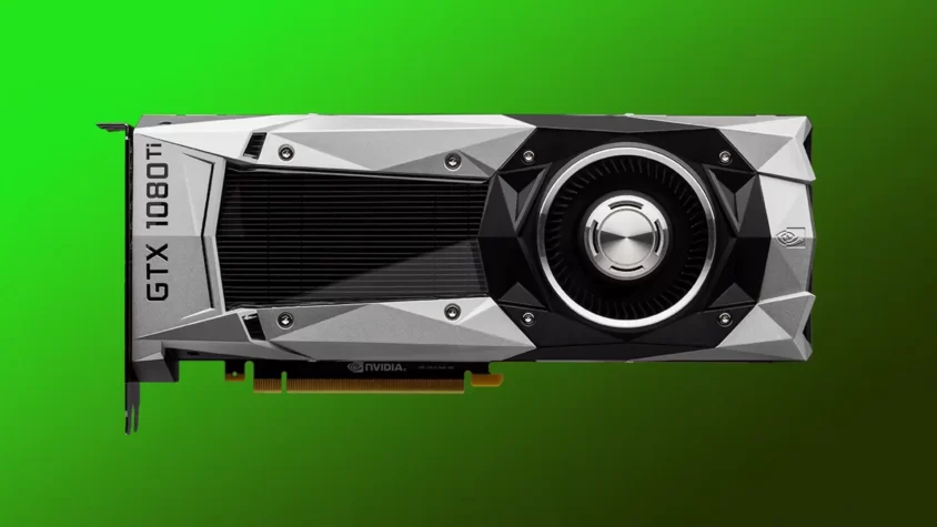 Видеокарта NVIDIA GeForce GTX 1080 на зеленом фоне