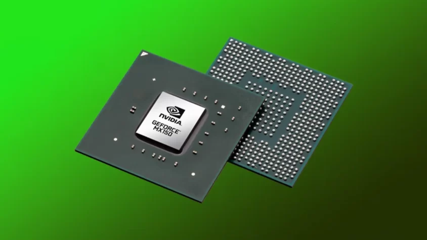 Кристалл видеокарты GeForce MX150 на фоне ярко-зеленого цвета
