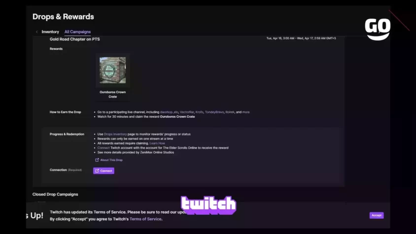 Подарки Gold Road Chapter от Twitch Drops для игры The Elder Scrolls Online Gold Road Chapter on PTS