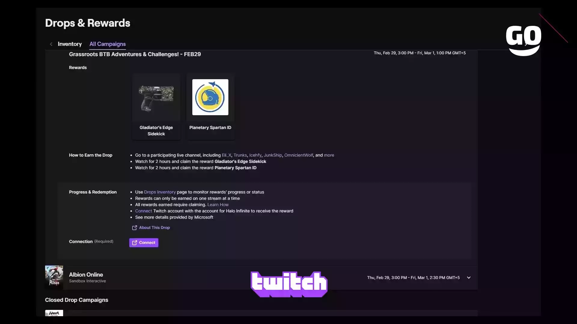 Twitch Drops подарки Grassroots BTB Adventures и Challenges на FEB29 для Halo Infinite