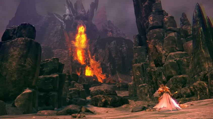 Сцена из Guild Wars 2 с изображением вулканического ландшафта и персонажа в доспехах.