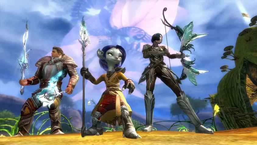 Три персонажа из Guild Wars 2 на фоне красочного мира.