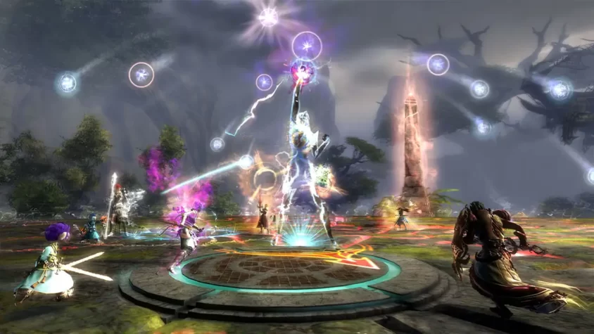 Группа персонажей сражается в PvP-арене в Guild Wars 2.