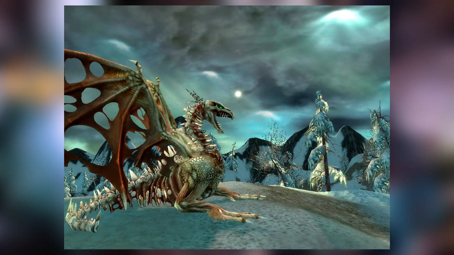 Скелетный дракон в Guild Wars на фоне снежных гор.