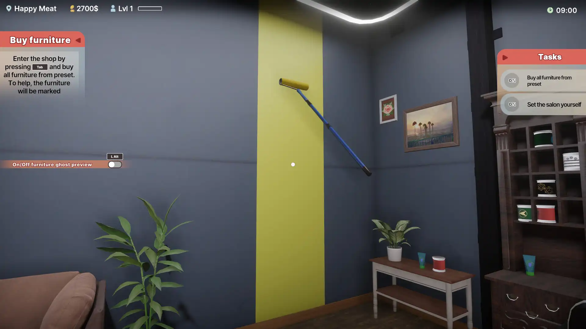 Персонаж игры Hairdresser Simulator красит стену в салоне