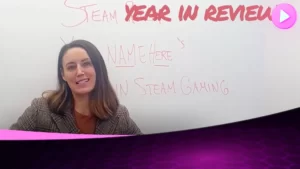 Обложка Steam Year in Review 2023 с изображением популярных игр и достижений