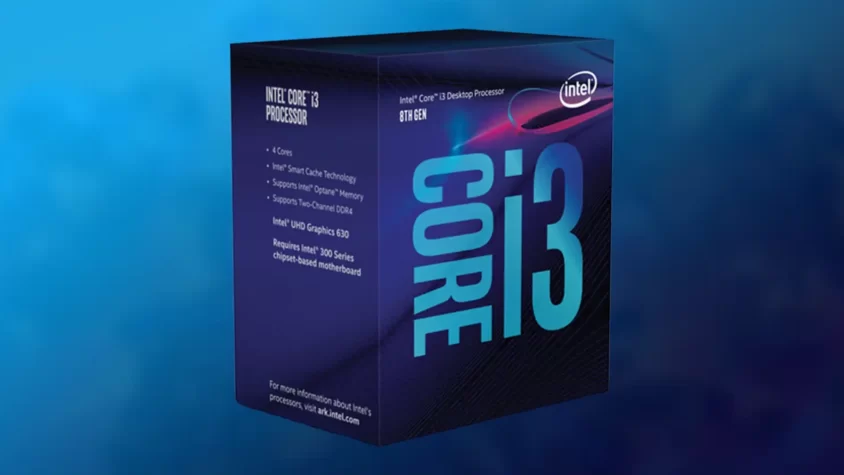 Упаковка процессора Intel Core i3-8100 на фоне синего градиента.