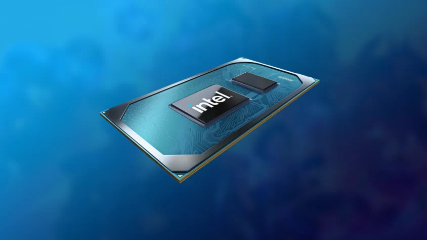 Процессор Intel Core i7-11370H на белом фоне.