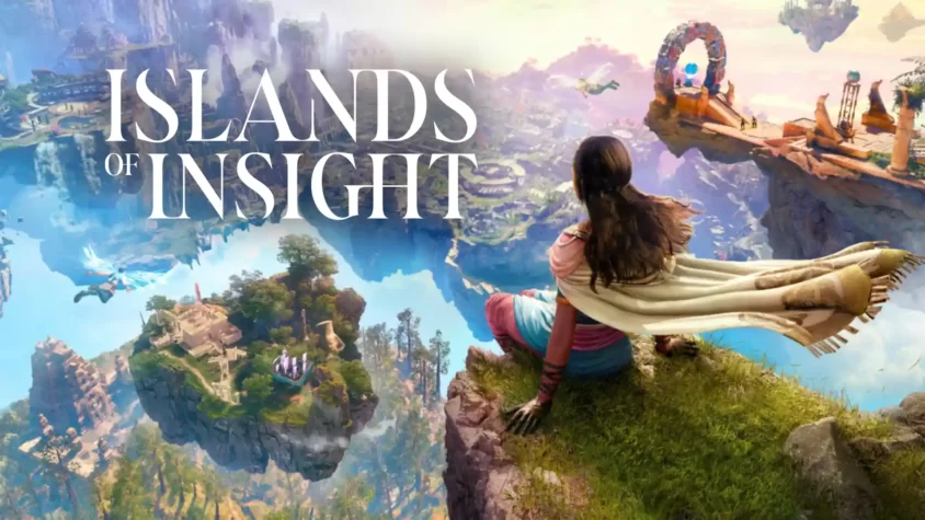 Islands of Insight game cover Девушка смотрит на парящие острова в игре Islands of Insight