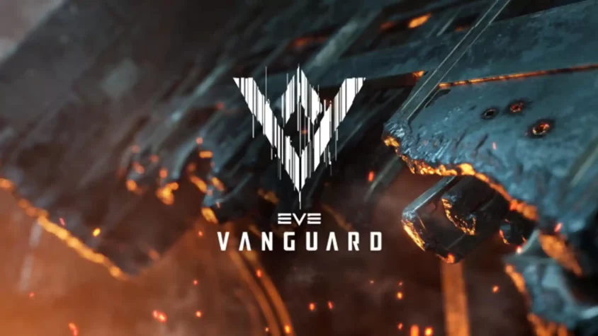 Обложка обновления EVE Vanguard для EVE Online с изображением космического боя и логотипами