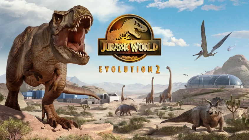 Jurassic World Evolution 2 — Обложка игры Тираннозавр и динозавры на фоне парка