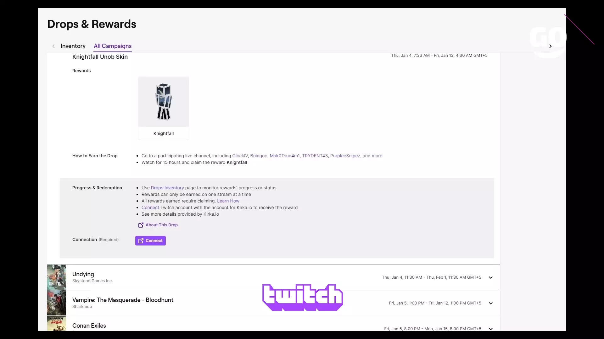 Бесплатные игровые бонусы от Twitch Drops: Unob Skin Knightfall для Kirka.io