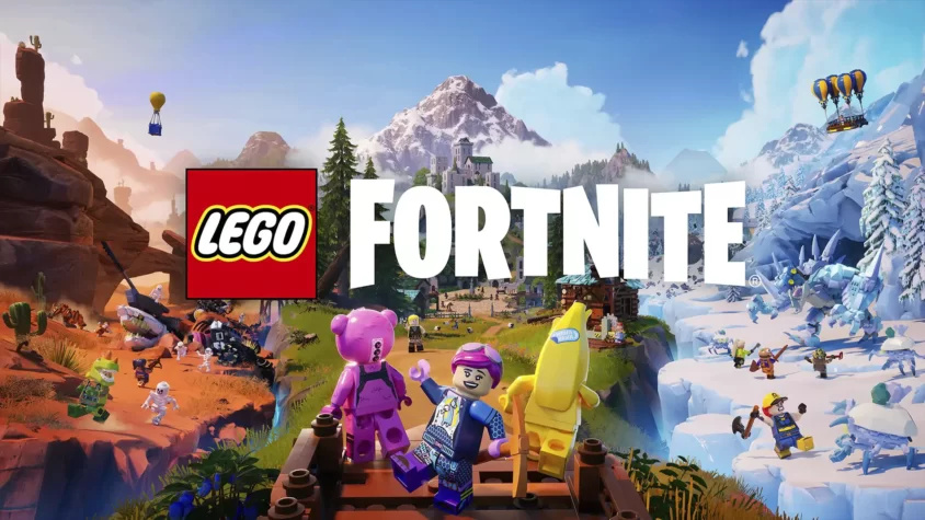 LEGO Fortnite: Встреча Миров LEGO Fortnite персонажи сидят на скамейке с видом на горный пейзаж
