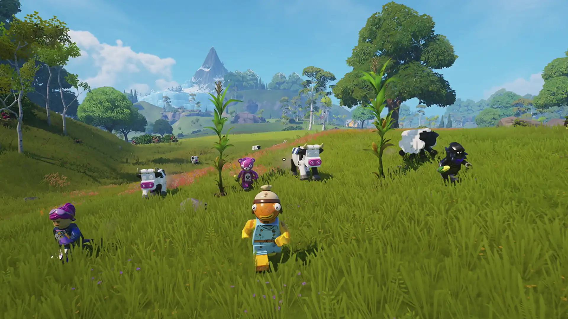 Персонажи LEGO Fortnite идут через луг