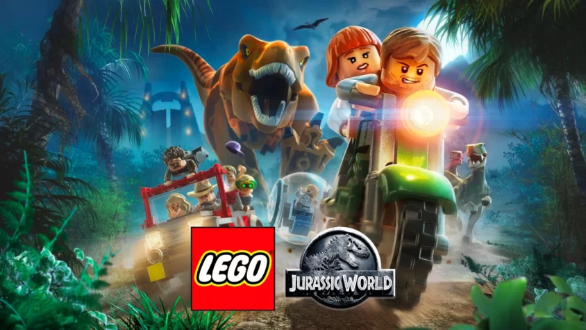обложка LEGO Jurassic World персонажи LEGO на фоне динозавра