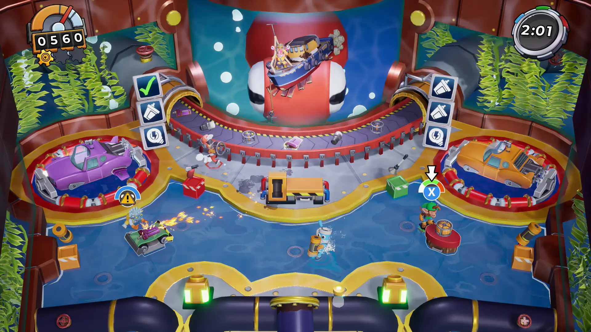 Игровой процесс Manic Mechanics на уровне с разноцветными машинами.