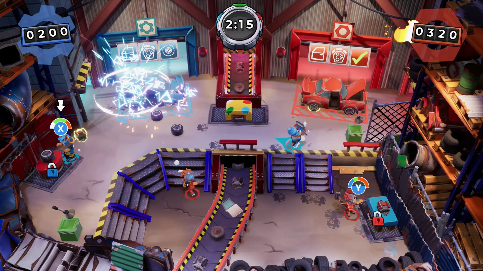Игроки Manic Mechanics занимаются ремонтом в механическом гараже.