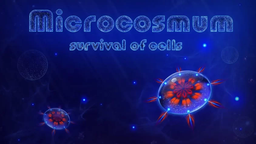 Microcosmum: survival of cells - Вступите в мир микроорганизмов Логотип игры Microcosmum: survival of cells на фоне микроскопического мира