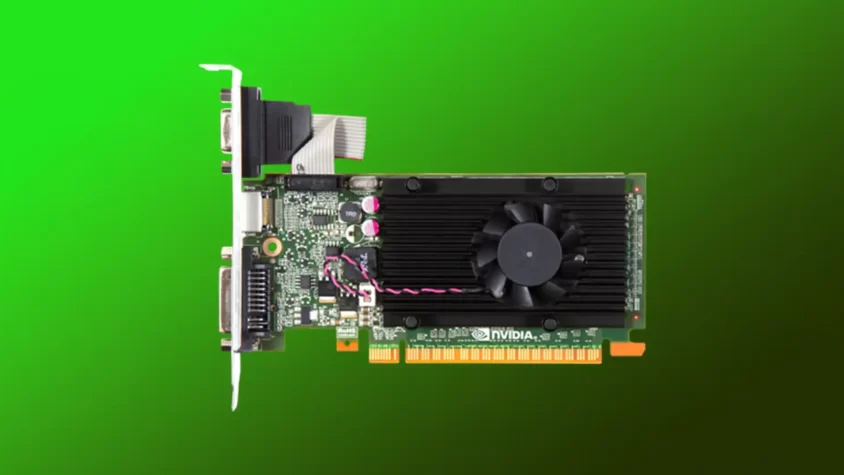 Зеленый фон с видеокартой GeForce GT 520 в центре.